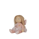 Plush toy fairy with pink outfit and rainbow on a white background