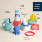 12-piece sensory bath set with various toys on a beige background