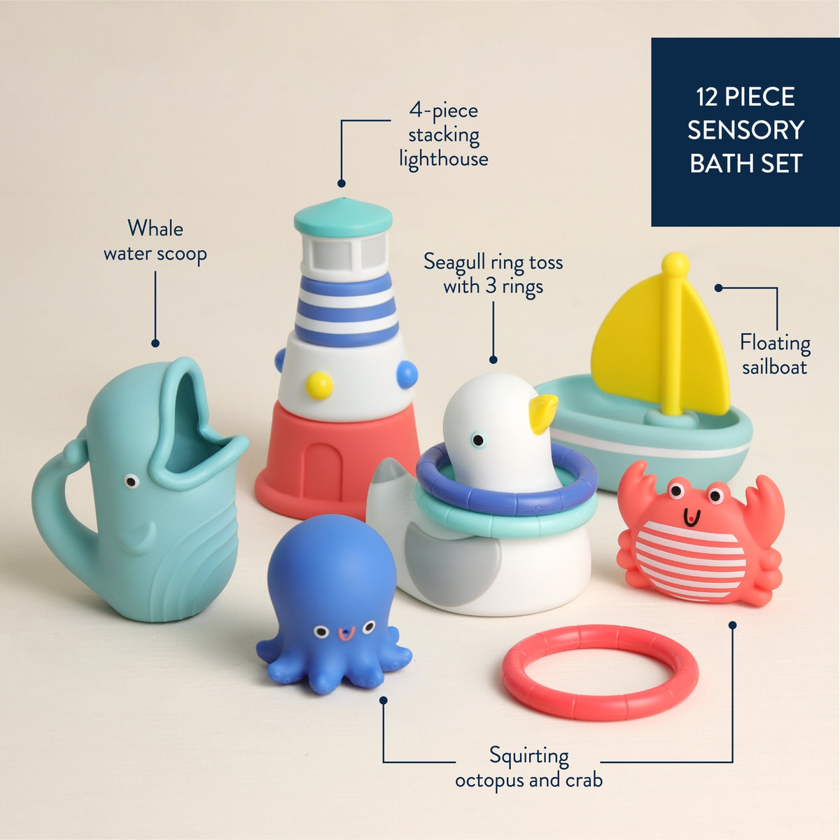 12-piece sensory bath set with various toys on a beige background