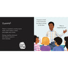 Illustration of a teacher with students in a classroom setting, with text about a healthy diet.