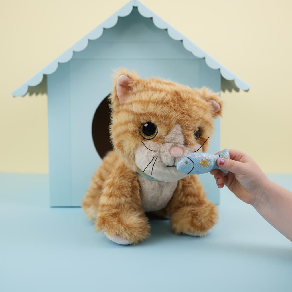 Plush cat toy with a hand holding a small object in front of a blue house-shaped box on a light blue background.