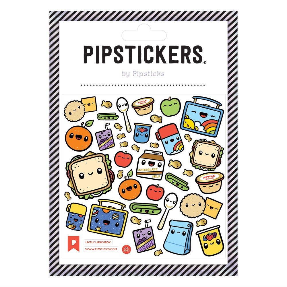 Packaging of Pipstickers with colorful food-themed stickers on a white background