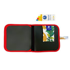 Black slate with red frame and tropical leaf design pouch on a white background