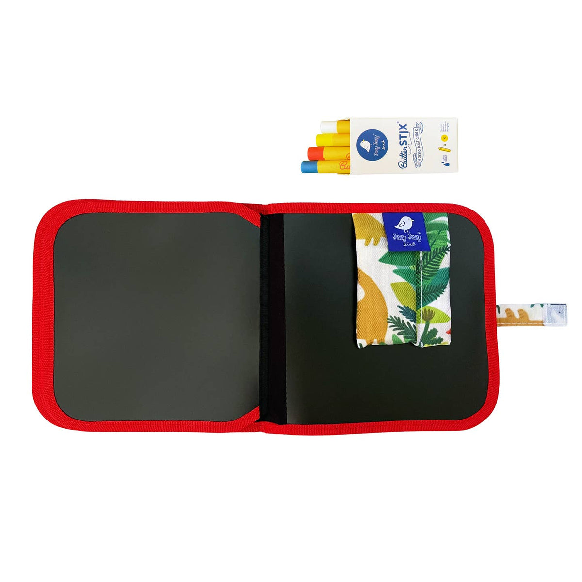 Black slate with red frame and tropical leaf design pouch on a white background