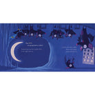Illustration of bats hanging upside down under a moonlit sky with text.