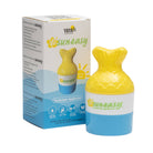 Sunscreen applicator with yellow top and blue bottom, branded 'YAYA sun-easy', next to its packaging.