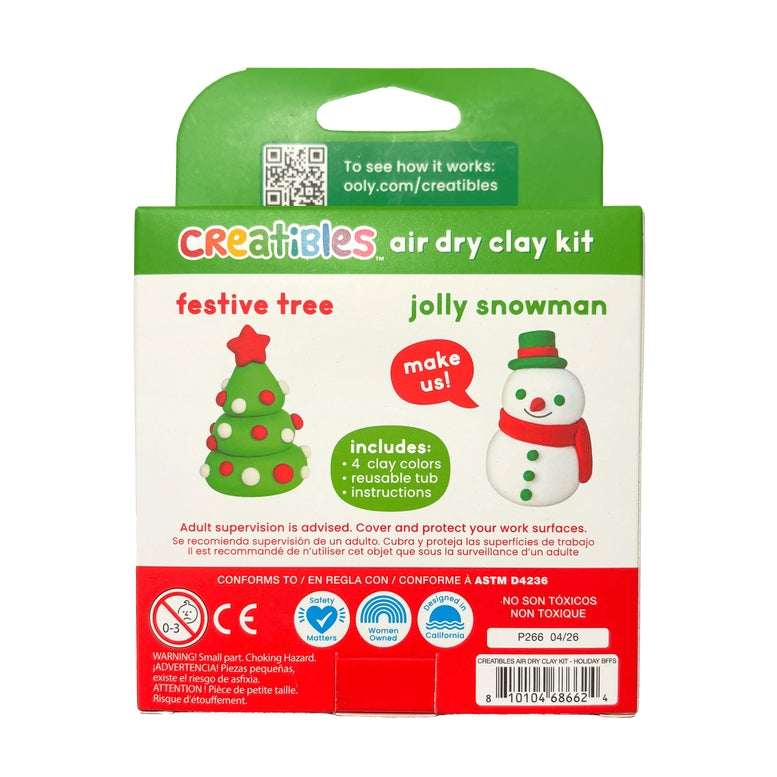 Creatibles Air Dry Clay Kit in 'Festive Tree' and 'Jolly Snowman' holiday theme packaging, featuring a green and white card with red accents, CE certification logos, and a barcode.