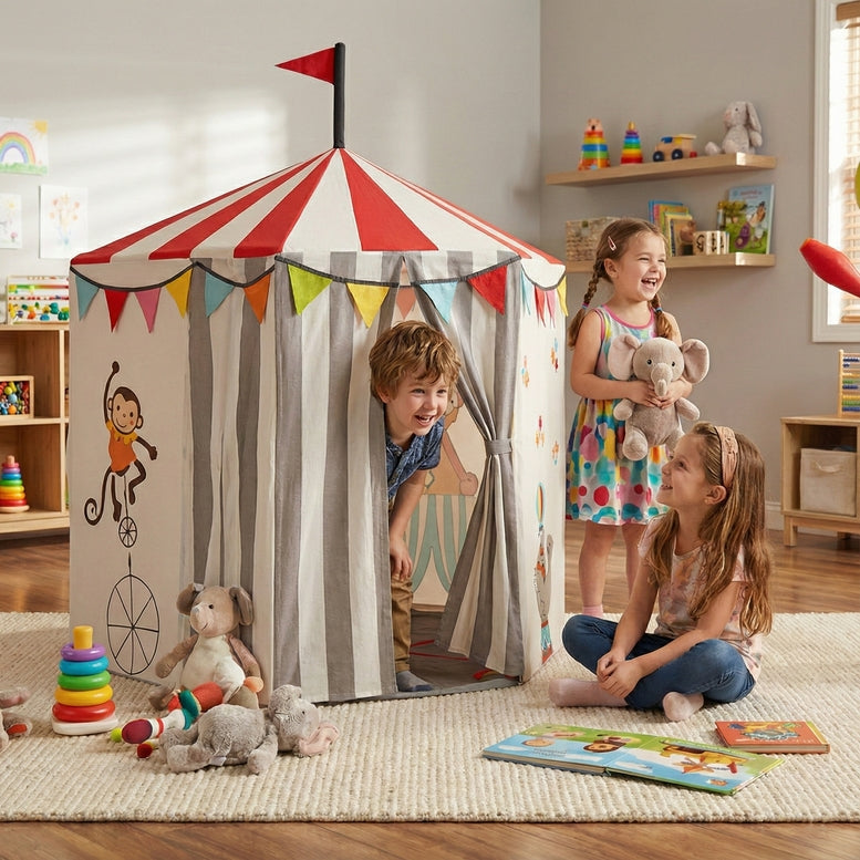 3 Children's play on tent with circus-themed design on a white background
