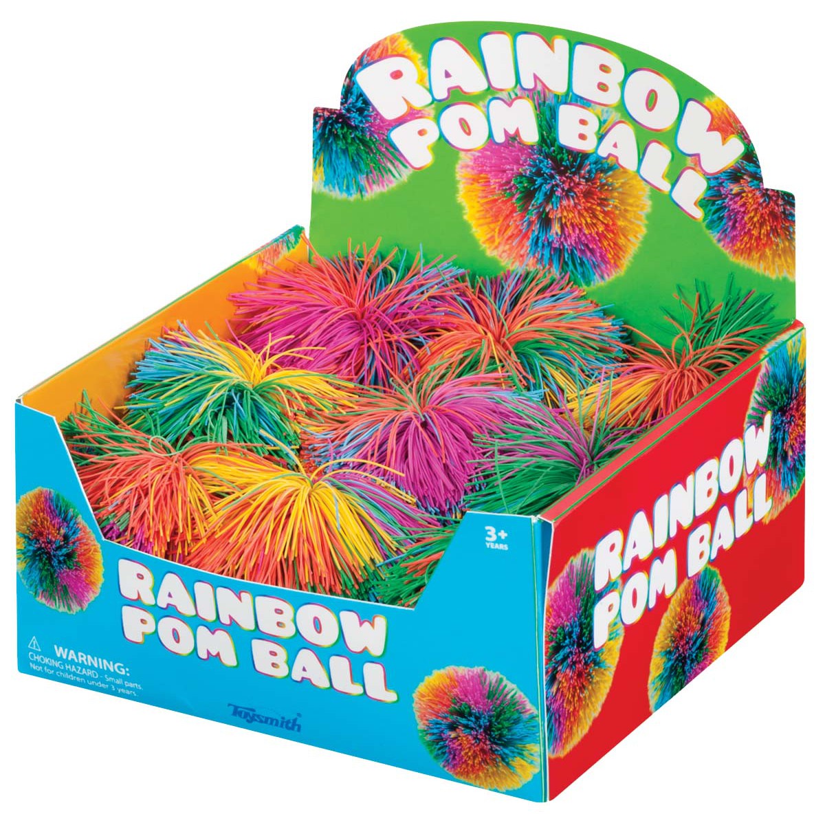 Display box of Rainbow Pom Balls with colorful pom balls inside