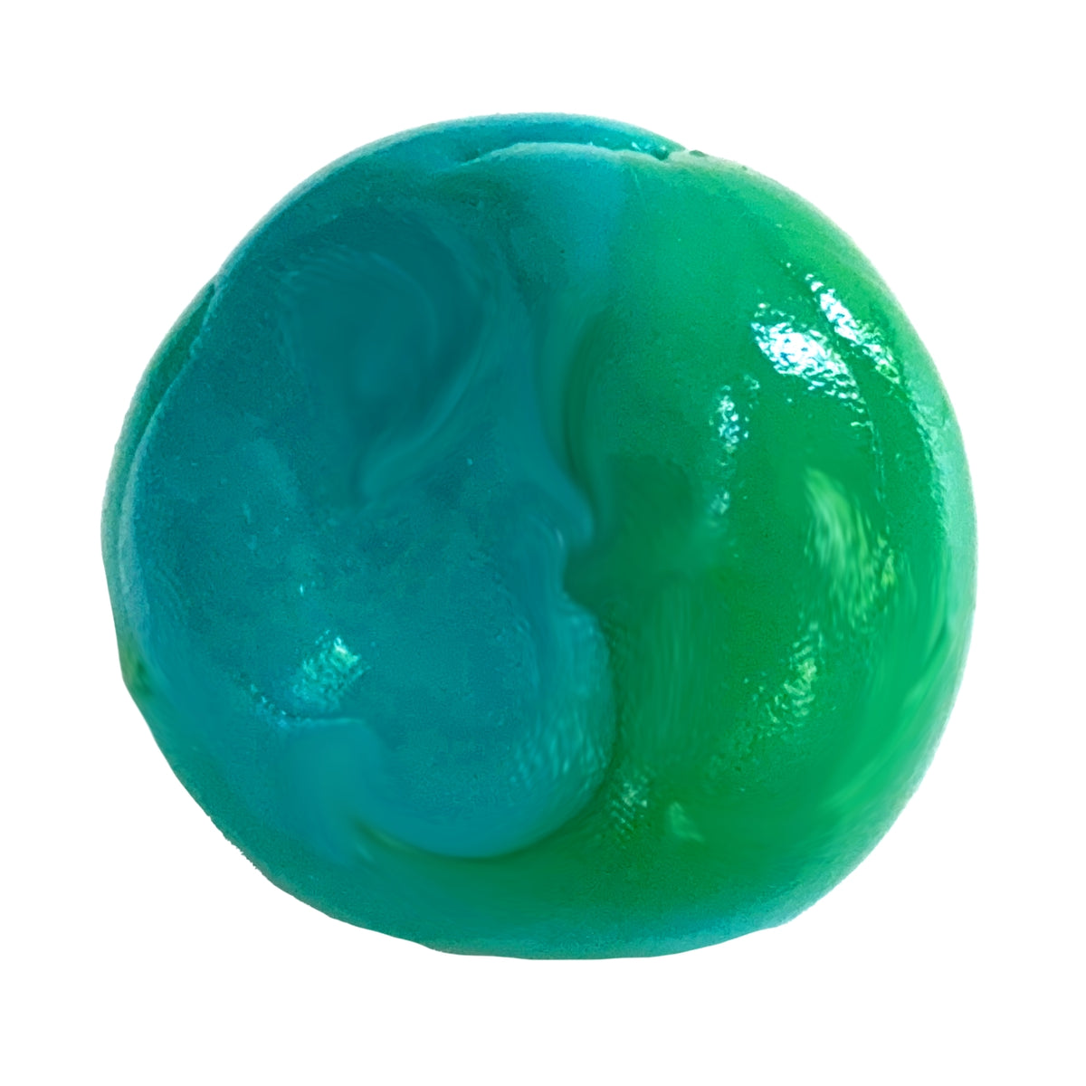 A single round gel or slime-like product with a glossy finish, split vertically into two colors: teal-blue on the left and bright green on the right, isolated on a white background.