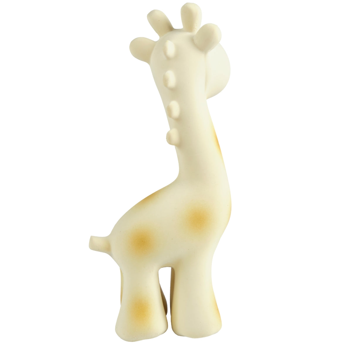 A giraffe-shaped baby teething toy in a warm cream color with soft yellow spots, shown from the side against a plain white background.