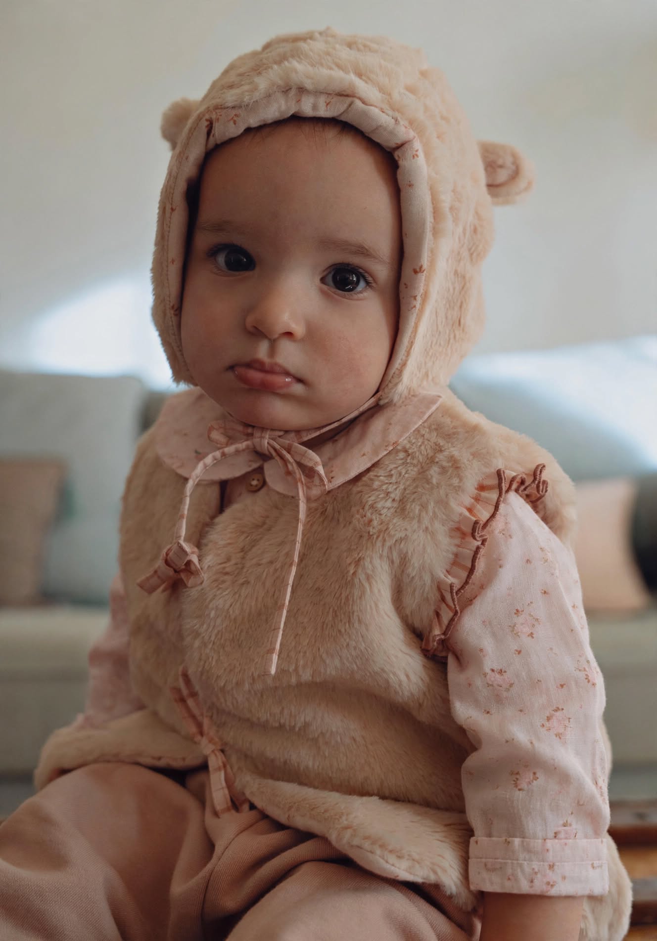 A baby sitting wearing a beige teddy bear hooded outfit with a pink patterned long-sleeve shirt.