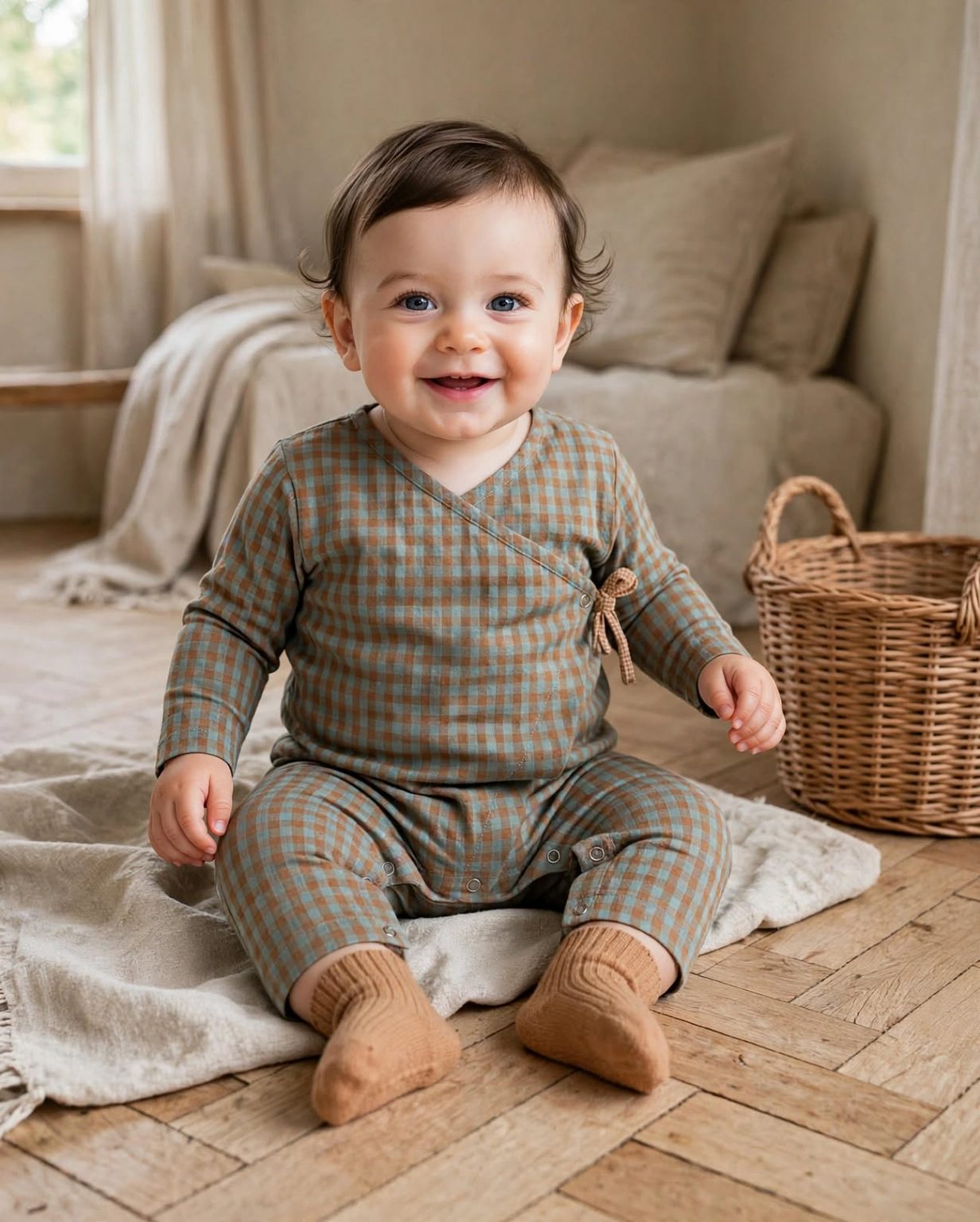 A baby sitting on a wooden floor wearing a brown and beige checkered long-sleeve romper and tan socks, with a neutral bedroom background.