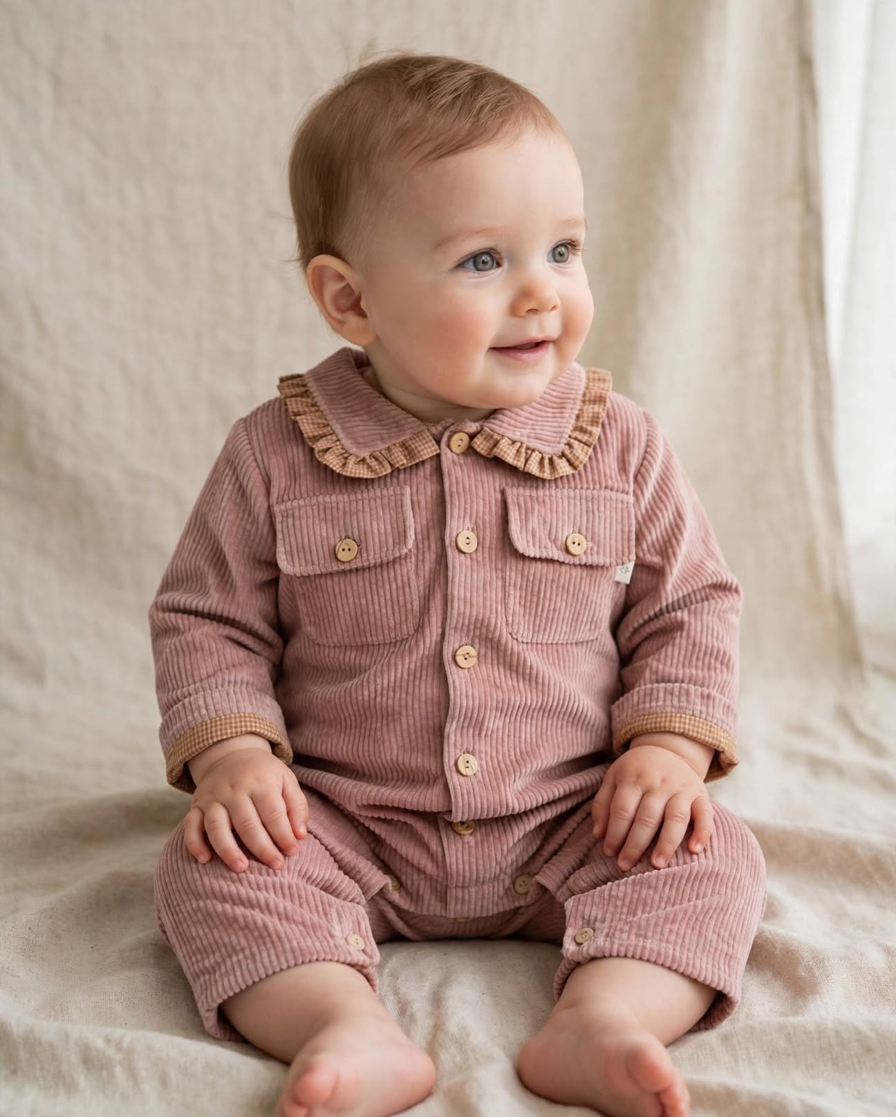 A baby sitting on a beige fabric surface wearing a dusty rose corduroy romper with a ruffled Peter Pan collar and tan button details.