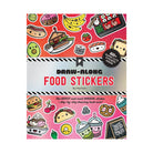 Cover of the 'Draw Along Food Stickers' book featuring a colorful array of kawaii food-themed stickers such as a sushi, hot dog, and donut characters.