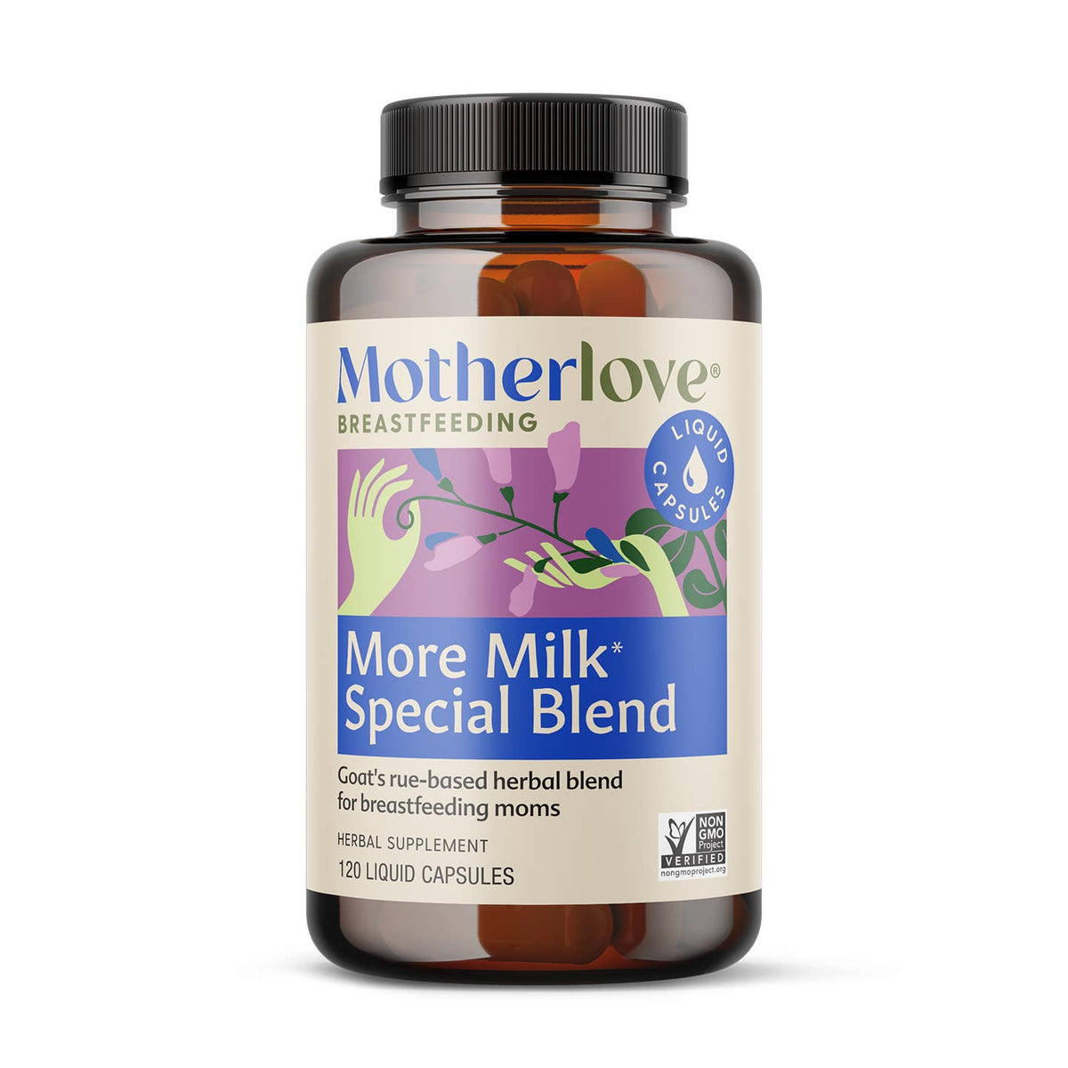 Bottle of Motherlove More Milk Special Blend supplement on a white background