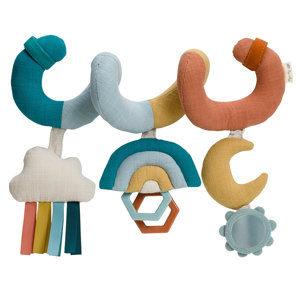 Colorful baby mobile with various shapes and textures on a white background
