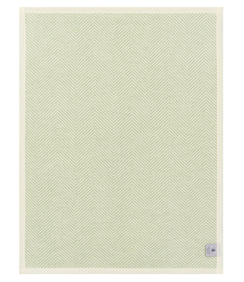 Green and white herringbone patterned rug on a white background