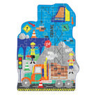 A completed Floss & Rock 60-piece construction-themed shaped jigsaw puzzle featuring a busy worksite with a crane, workers, and a truck.