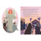 Illustration of an angel appearing to shepherds with a scene of a manger in the background.
