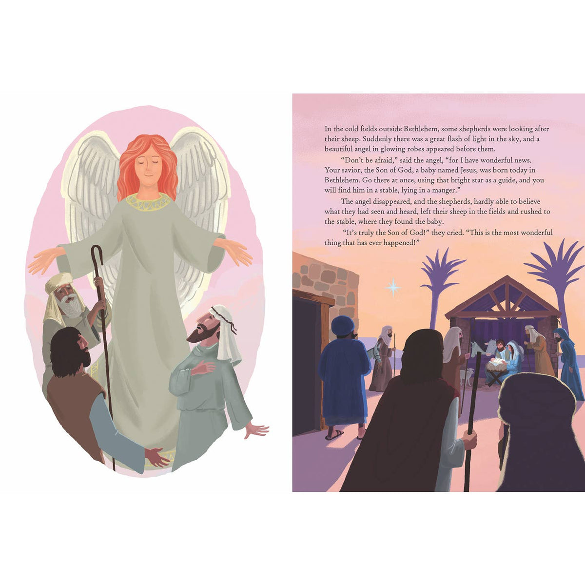 Illustration of an angel appearing to shepherds with a scene of a manger in the background.