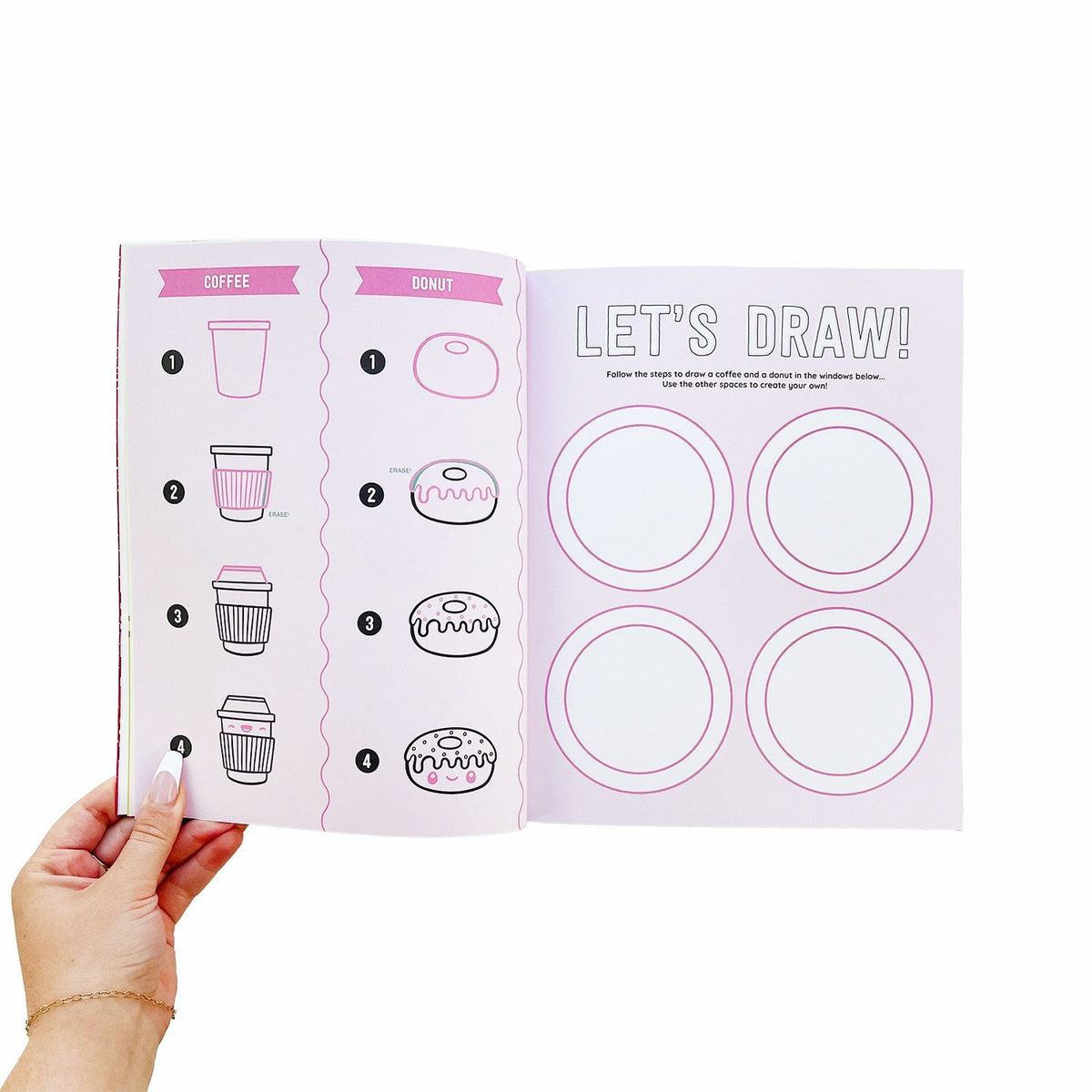 Book open to a page with drawing instructions for a coffee cup and donut.