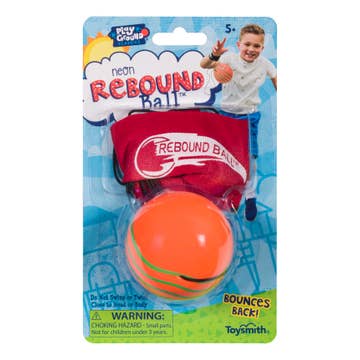 Neon Rebound Ball packaging with a boy playing outdoors, featuring the Toysmith brand.