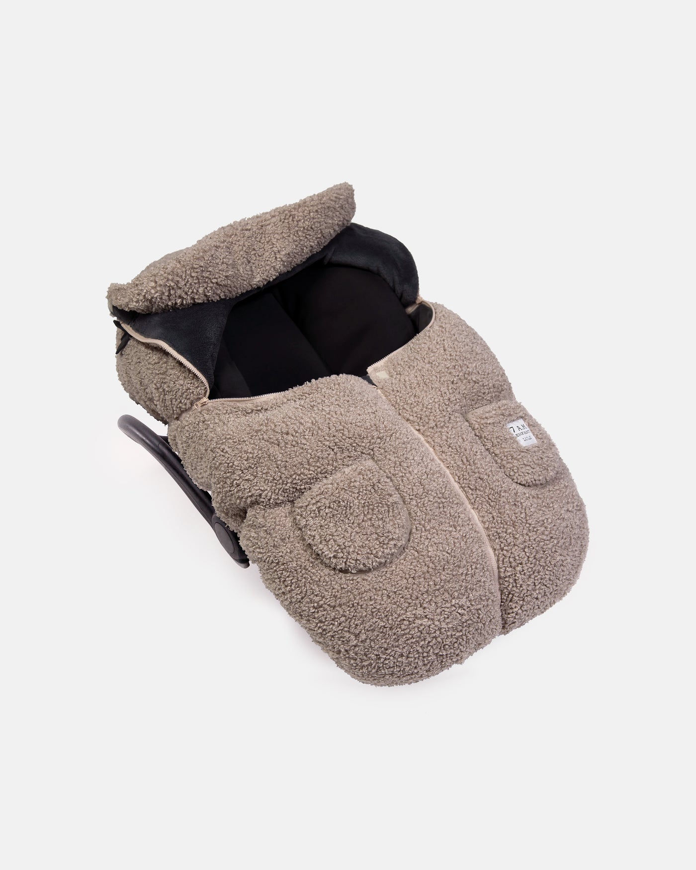 Brown baby car seat cover on a white background