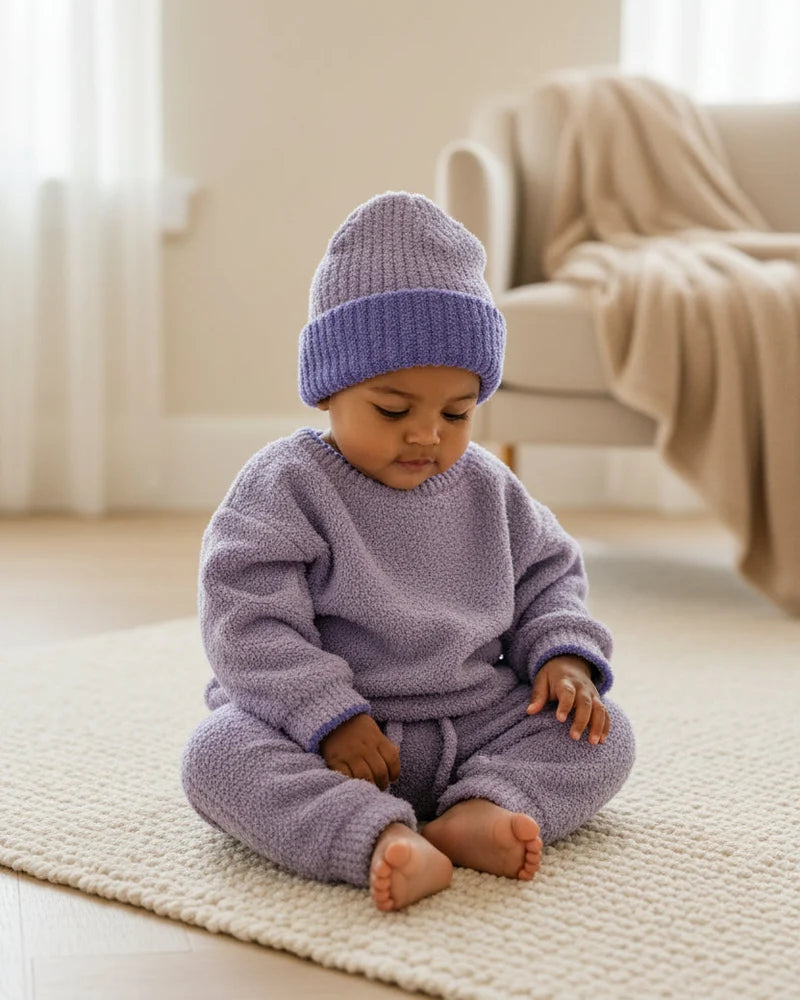 A baby sitting on a beige rug, wearing a soft, fuzzy knit taro purple lounge set and a matching beanie.