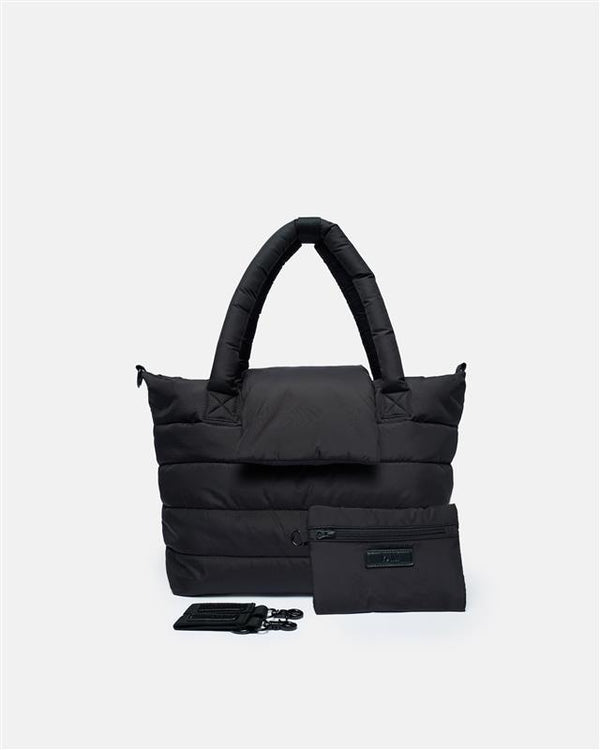 Black puffer bag with a strap on a white background