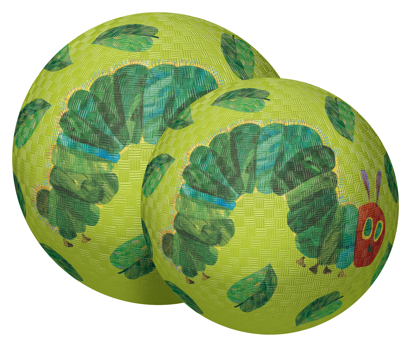 Two green balls with caterpillar designs on a white background