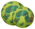 Two green balls with caterpillar designs on a white background