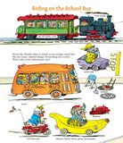 Illustration of a school bus and various vehicles with colorful characters on a white background.