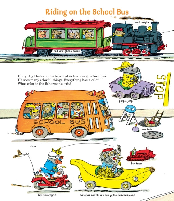 Illustration of a school bus and various vehicles with colorful characters on a white background.