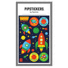 A pack of PipStickers with various space-themed designs including rockets and planets, labeled as scratch 'n sniff stickers with a raspberry scent.