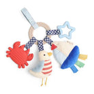 Colorful baby toy with a bird, crab, and star on a white background