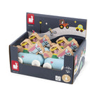 A dark blue display box filled with wooden toy horses and cars from the brand Lullaby Bunny. The toys feature colorful painted details including pink, green, yellow, and blue, with wooden horse bodies and gold crowns.
