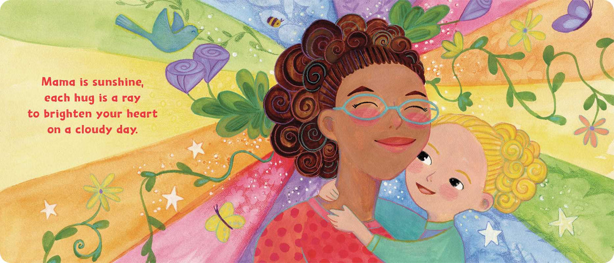 Illustration of a mother and child holding each other with a colorful background and text.