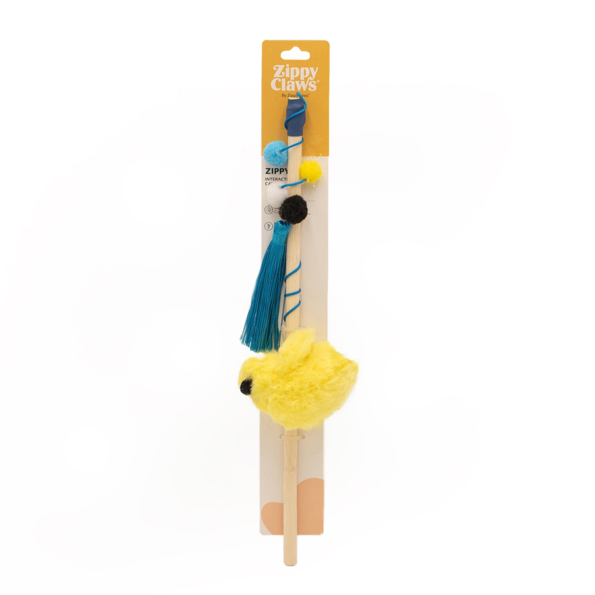 Cat toy with yellow ball and blue tassels on a white background