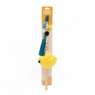Cat toy with yellow ball and blue tassels on a white background
