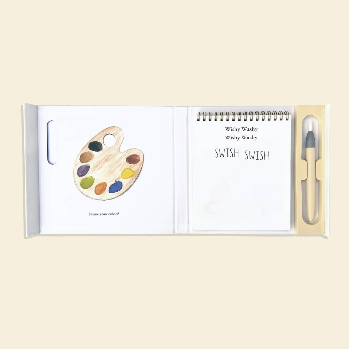 A children's coloring book or activity pad shown open on a light beige background. The left page features a watercolor-style paint palette with multiple colors and the text 'Name your color!'.