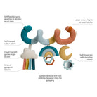 Colorful baby toy with various components labeled on a white background