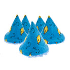 Five blue plush cone-shaped dog toys with a pattern of yellow fish and black squiggle marks, arranged on a white background.