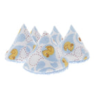 Four triangular baby bibs or pouches made of soft fabric, featuring a light blue and white pattern with yellow ducklings and dashed outlines, arranged on a plain white background.