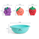 Three small plush toys shaped like grapes, peach, and strawberry with dimensions labeled, and a teal bowl with dimensions.