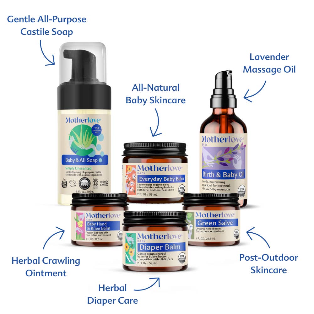 Collection of Motherlove baby and skincare products on a white background