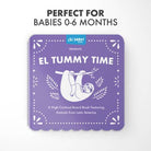 Purple board book cover titled 'El Tummy Time' for babies 0-6 months, featuring a sloth illustration.