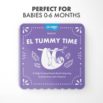Purple board book cover titled 'El Tummy Time' for babies 0-6 months, featuring a sloth illustration.
