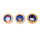 Three wooden coasters with Christmas-themed illustrations on a white background