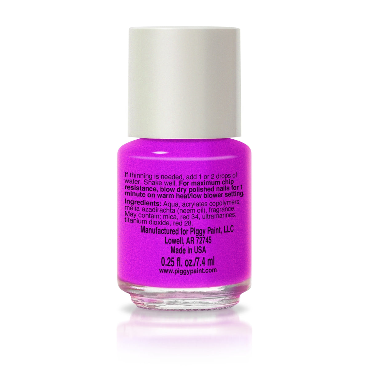 A bottle of Piggy Paint nail polish in a bright neon pink shade, featuring a white cap and clear glass base, shown on a white background with a soft reflection.